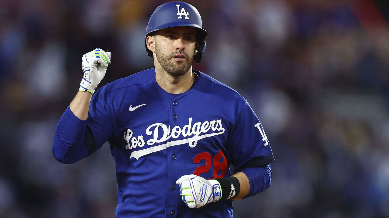LOS ANGELES, CALIFORNIA - JULY 25: J.D. Martinez #28 of the Los Angeles Dodgers celebrates a run against the Toronto Blue Jays in the eighth inning at Dodger Stadium on July 25, 2023 in Los Angeles, California.