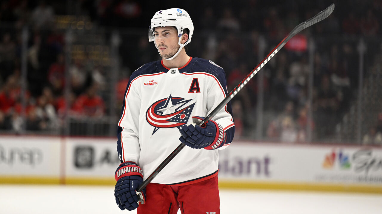 WASHINGTON, DC - OCTOBER 08: Zach Werenski #8 of the Columbus Blue Jackets rests during a break against the Washington Capitals during a preseason game at Capital One Arena on October 08, 2022 in Washington, DC.
