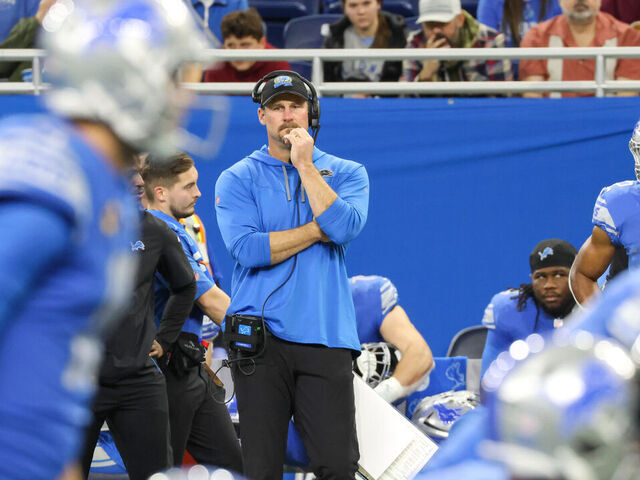 DETROIT, MI - DECEMBER 04: Detroit Lions head coach Dan Campbell watches the action on the field during the third quarter of an NFL football game between the Jacksonville Jaguars and the Detroit Lions on December 4, 2022 at Ford Field in Detroit, Michigan.