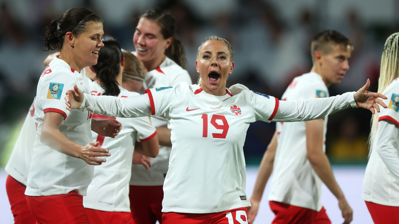 PERTH, AUSTRALIA - JULY 26: Adriana Leon (C) of Canada celebrates with teammates after scoring her team's second goal during the FIFA Women's World Cup Australia & New Zealand 2023 Group B match between Canada and Ireland at Perth Rectangular Stadium on July 26, 2023 in Perth / Boorloo, Australia.