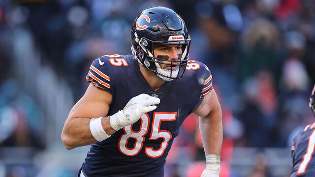 CHICAGO, ILLINOIS - DECEMBER 18: Cole Kmet #85 of the Chicago Bears in action against the Philadelphia Eagles at Soldier Field on December 18, 2022 in Chicago, Illinois.