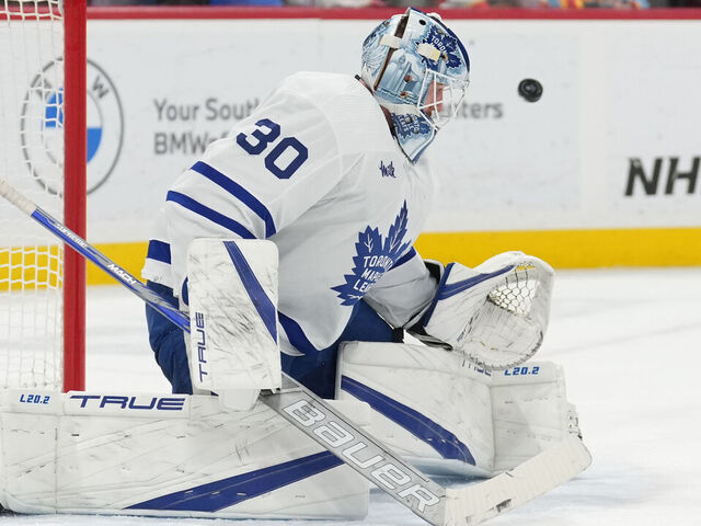 SUNRISE, FL - MARCH 23: Toronto Maple Leafs goaltender Matt Murray (30) makes a helmet save during the game between the Toronto Maple Leafs and the Florida Panthers on Thursday, March 23, 2023 at FLA Live Arena in Sunrise, Fla.