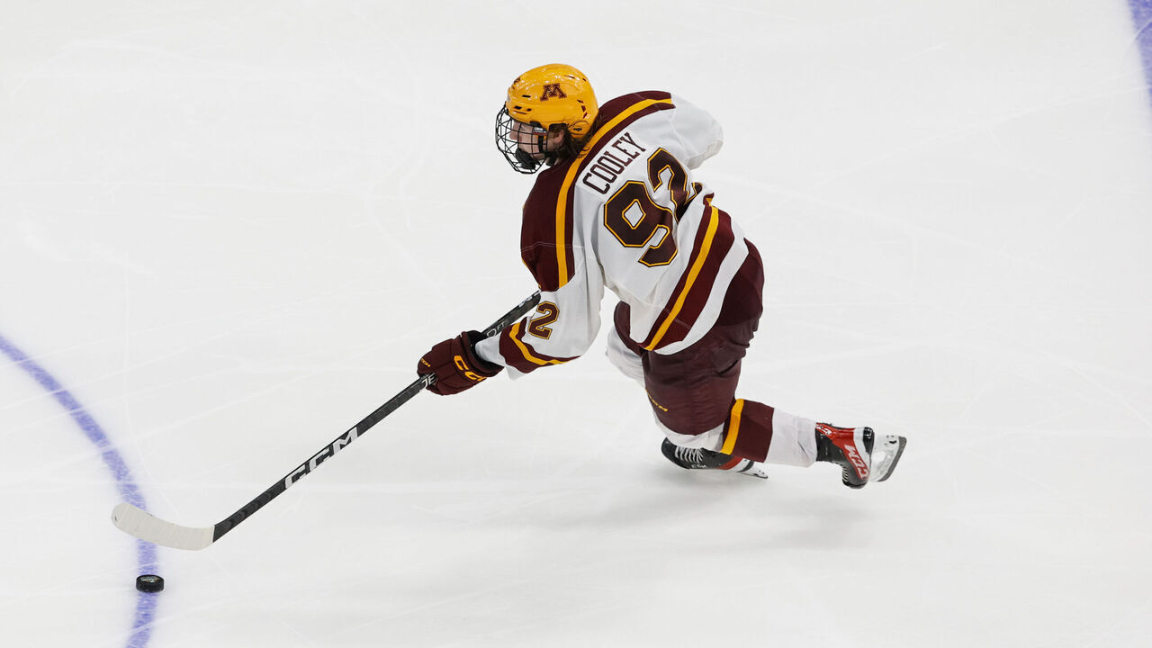 TAMPA, FL - APRIL 8: Logan Cooley #92 of the Minnesota Golden Gophers skates against the Quinnipiac Bobcats during the 2023 NCAA Division I Men's Hockey Frozen Four Championship Final at the Amaile Arena on April 8, 2023 in Tampa, Florida. The Bobcats won 3-2 on a goal ten seconds into overtime.