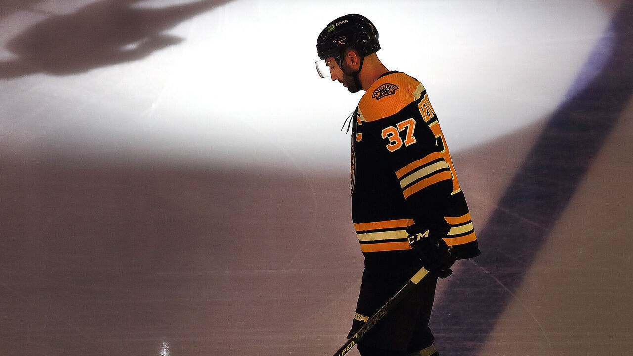 Boston, MA - April 30: Boston Bruins C Patrice Bergeron lines up for the anthem. The Bruins lost to the Florida Panthers, 4-3, in Game 7 of their Eastern Conference First Round Series.