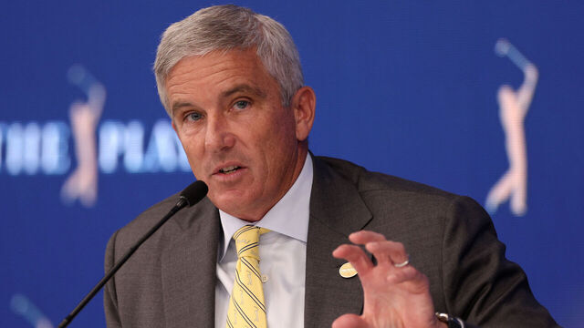 PONTE VEDRA BEACH, FLORIDA - MARCH 07: Jay Monahan, Commissioner of the PGA Tour speaks to the media in a press conference prior to THE PLAYERS Championship on THE PLAYERS Stadium Course at TPC Sawgrass on March 07, 2023 in Ponte Vedra Beach, Florida.