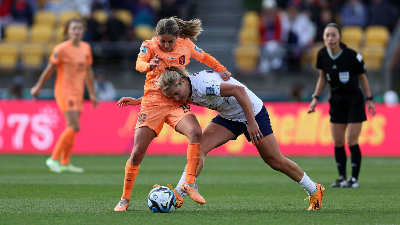 WELLINGTON, NEW ZEALAND - JULY 27: Lindsey Horan of USA and Danielle Van De Donk of Netherlands compete for the ball during the FIFA Women's World Cup Australia & New Zealand 2023 Group E match between USA and Netherlands at Wellington Regional Stadium on July 27, 2023 in Wellington / Te Whanganui-a-Tara, New Zealand.