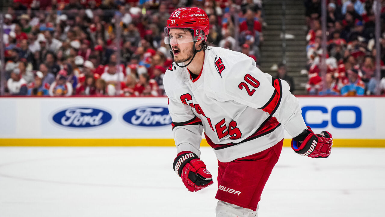 SUNRISE, FLORIDA - MAY 22: Sebastian Aho #20 of the Carolina Hurricanes skates to the bench after losing his stick \d2pagainst the Florida Panthers in Game Three of the Eastern Conference Final of the 2023 Stanley Cup Playoffs at FLA Live Arena on May 22, 2023 in Sunrise, Florida.