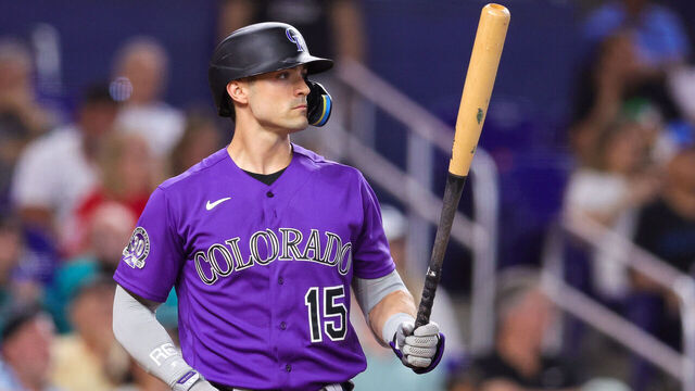 MIAMI, FLORIDA - JULY 22: Randal Grichuk #15 of the Colorado Rockies at bat against the Miami Marlins during the seventh inning at loanDepot park on July 22, 2023 in Miami, Florida.