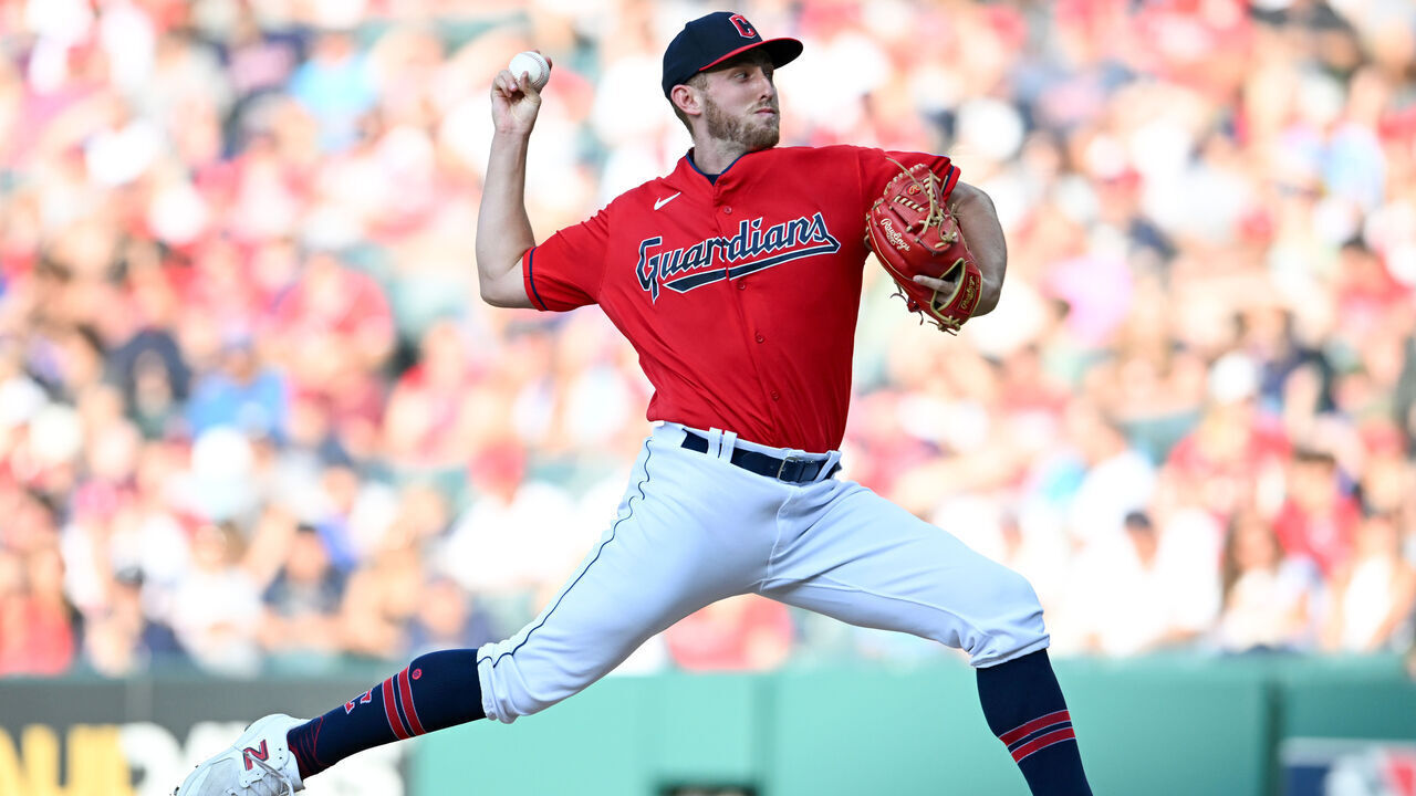 CLEVELAND, OHIO - JULY 22: Starting pitcher Tanner Bibee #61 of the Cleveland Guardians pitches during the first inning against the Philadelphia Phillies at Progressive Field on July 22, 2023 in Cleveland, Ohio.