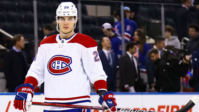 NEW YORK, NY - JANUARY 15: Montreal Canadiens Left Wing Juraj Slafkovsky (20) is pictured prior to the National Hockey League game between the Montreal Canadiens and the New York Rangers on January 15, 2023 at Madison Square Garden in New York, NY.