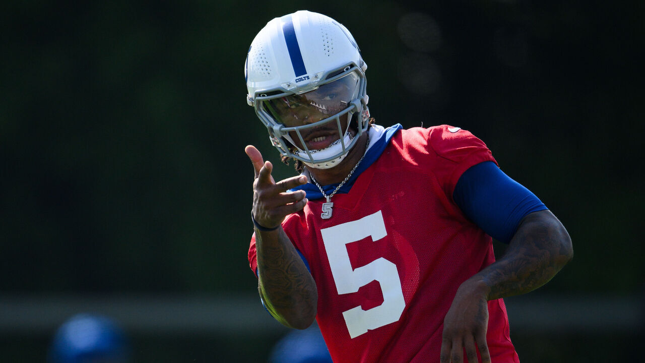 WESTFIELD, IN - JULY 26: Indianapolis Colts quarterback Anthony Richardson (5) runs through a drill during the Indianapolis Colts Training Camp on July 26, 2023 at the Grand Park Sports Campus in Westfield, IN.