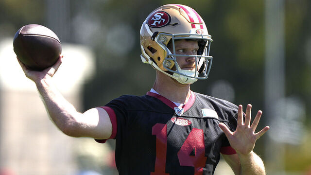 SANTA CLARA, CALIFORNIA - JULY 27: Sam Darnold #14 of the San Francisco 49ers works out during training camp at SAP Performance Facility on July 27, 2023 in Santa Clara, California.