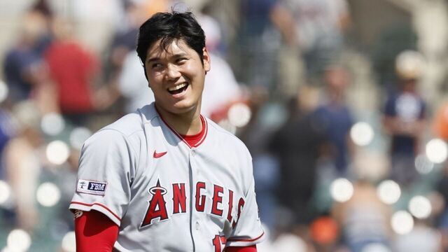 DETROIT, MI - JULY 27: Shohei Ohtani #17 of the Los Angeles Angels laughs with catcher Chad Wallach #35 after pitching a complete game shutout against the Detroit Tigers in game one of a doubleheader at Comerica Park on July 27, 2023 in Detroit, Michigan. The Angels won 6-0.