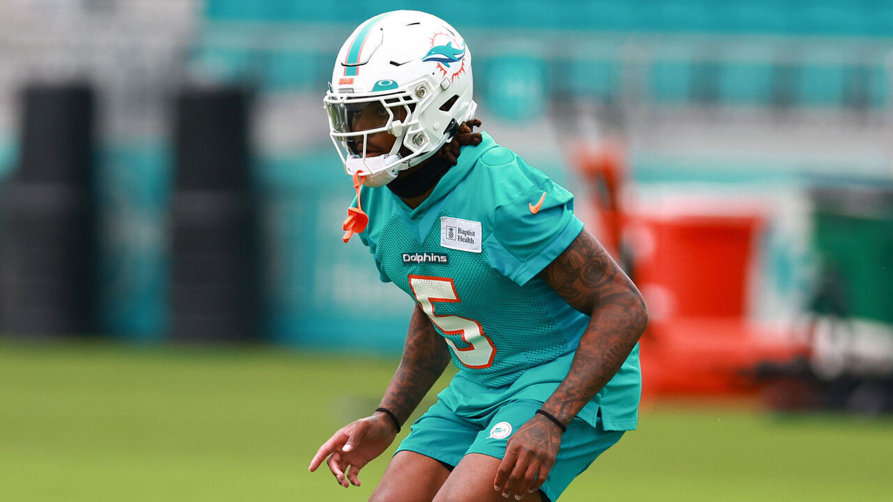 MIAMI GARDENS, FLORIDA - JULY 26: Jalen Ramsey #5 of the Miami Dolphins takes part in a drill during training camp at Baptist Health Training Complex on July 26, 2023 in Miami Gardens, Florida.