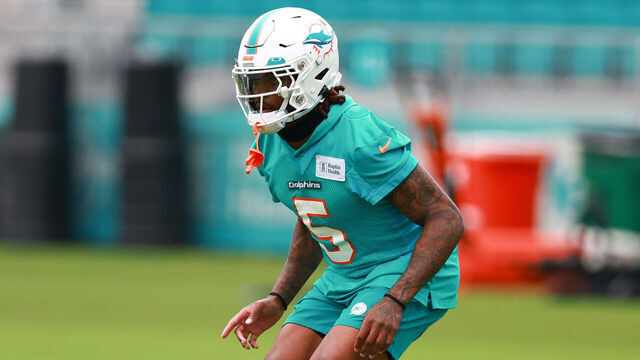 MIAMI GARDENS, FLORIDA - JULY 26: Jalen Ramsey #5 of the Miami Dolphins takes part in a drill during training camp at Baptist Health Training Complex on July 26, 2023 in Miami Gardens, Florida.