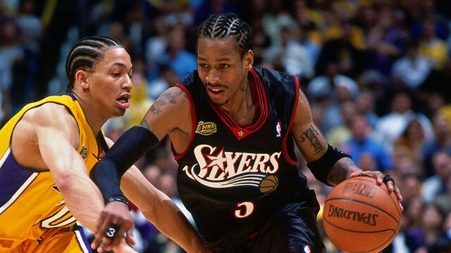 LOS ANGELES - JUNE 6: Allen Iverson #3 of the Philadelphia 76ers drives past Tyronn Lue #10 of the Los Angeles Lakers during Game One of the 2001 NBA Finals on June 6, 2001 at Staples Center in Los Angeles, California. Mandatory Copyright Notice: Copyright 2001 NBAE