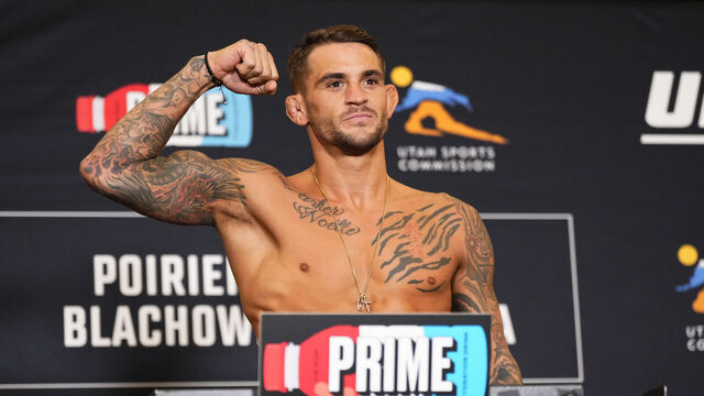 SALT LAKE CITY, UTAH - JULY 28: Dustin Poirier poses on the scale during the UFC 291 official weigh-in at Hilton Salt Lake City Center on July 28, 2023 in Salt Lake City, Utah.
