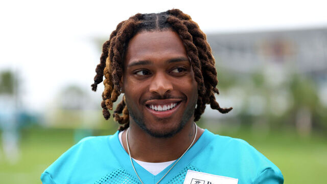 MIAMI GARDENS, FLORIDA - JUNE 06: Jalen Ramsey #5 of the Miami Dolphins speaks to the media after practice at Baptist Health Training Complex on June 06, 2023 in Miami Gardens, Florida.