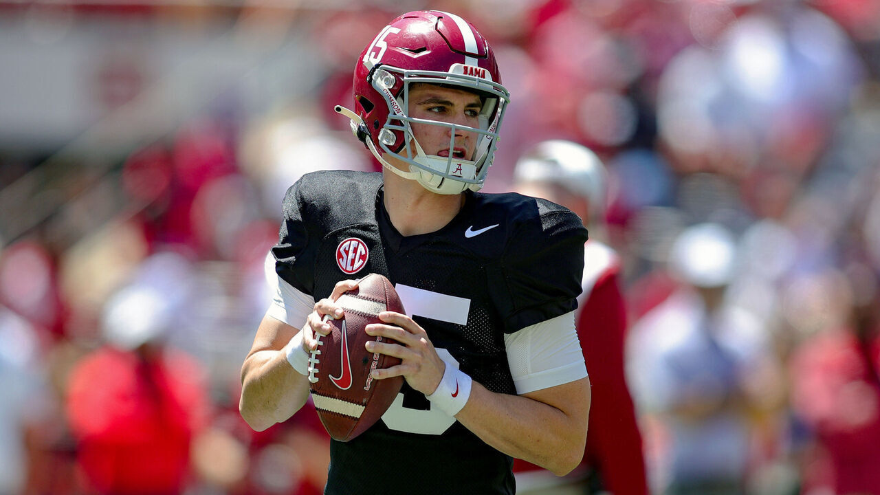 TUSCALOOSA, ALABAMA - APRIL 22: Ty Simpson #15 of the Crimson Team warms up prior to kickoff of the Alabama Spring Football Game at Bryant-Denny Stadium on April 22, 2023 in Tuscaloosa, Alabama.