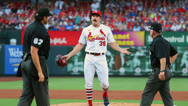 ST LOUIS, MISSOURI - JULY 27: Miles Mikolas #39 of the St. Louis Cardinals reacts after being ejected from the game for hitting a batter in the first inning against the Chicago Cubs at Busch Stadium on July 27, 2023 in St Louis, Missouri.