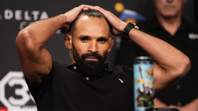 SALT LAKE CITY, UTAH - JULY 27: Michel Pereira of Brazil is seen on stage during the UFC 291 press conference at Salt Palace Convention Center on July 27, 2023 in Salt Lake City, Utah.