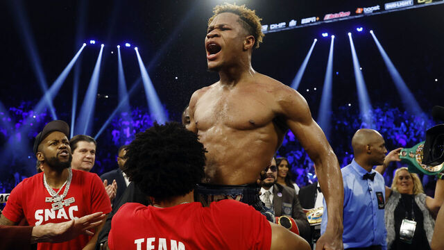 LAS VEGAS, NEVADA - MAY 20: Devin Haney celebrates after defeating Vasyl Lomachenko of Ukraine during their Undisputed lightweight championship fight at MGM Grand Garden Arena on May 20, 2023 in Las Vegas, Nevada.