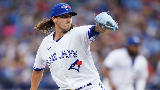 TORONTO, CANADA - JULY 28: Kevin Gausman #34 of the Toronto Blue Jays pitches in the first inning against the Los Angeles Angels at Rogers Centre on July 28, 2023 in Toronto, Canada.