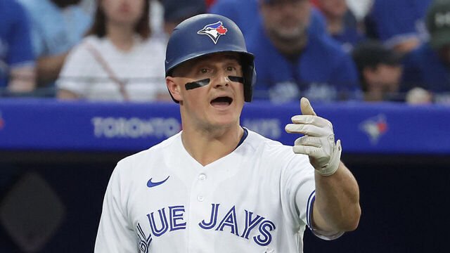 TORONTO, ON - JULY 28 - Toronto Blue Jays third baseman Matt Chapman (26) disputes a call with umpire Mike Estabrook (83) as the Toronto Blue Jays beat the Los Angeles Angels 4-1 at Rogers Centre in Toronto. July 28, 2023. (Steve Russell/Toronto Star via Getty Images)