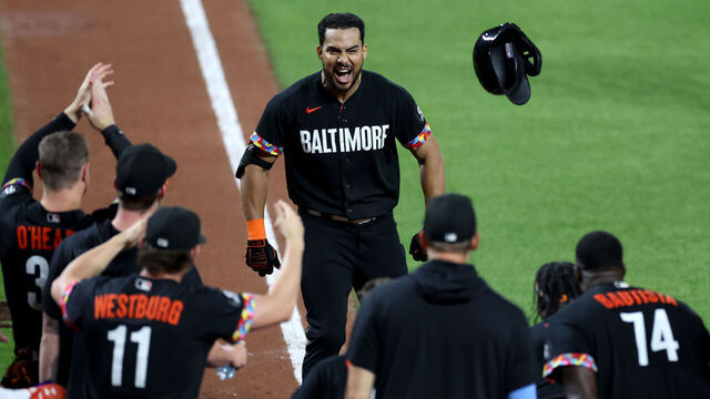 BALTIMORE, MARYLAND - JULY 28: Anthony Santander #25 of the Baltimore Orioles celebrates after hitting a walk off solo home giving the Orioles a 1-0 win over the New York Yankees at Oriole Park at Camden Yards on July 28, 2023 in Baltimore, Maryland.