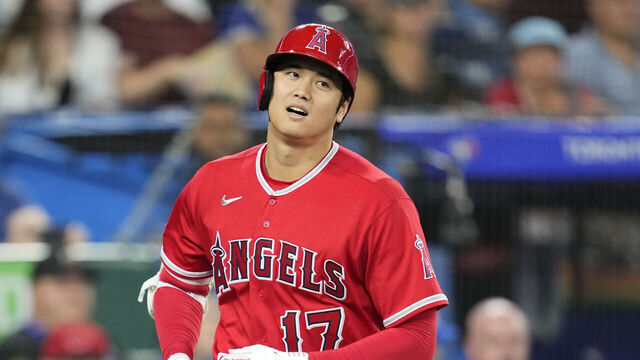 TORONTO, ON - JULY 29: Shohei Ohtani #17 of the Los Angeles Angels reacts top being hit by a pitch against the Toronto Blue Jays during the first inning in their MLB game at the Rogers Centre on July 29, 2023 in Toronto, Ontario, Canada.
