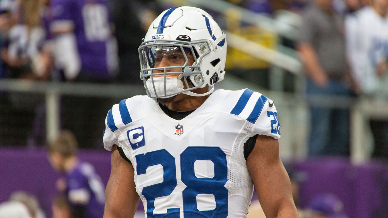 MINNEAPOLIS, MN - DECEMBER 17: Indianapolis Colts running back Jonathan Taylor (28) looks on before the NFL game between the Indianapolis Colts and Minnesota Vikings on December 17th, 2022, at U.S. Bank Stadium in Minneapolis, MN.