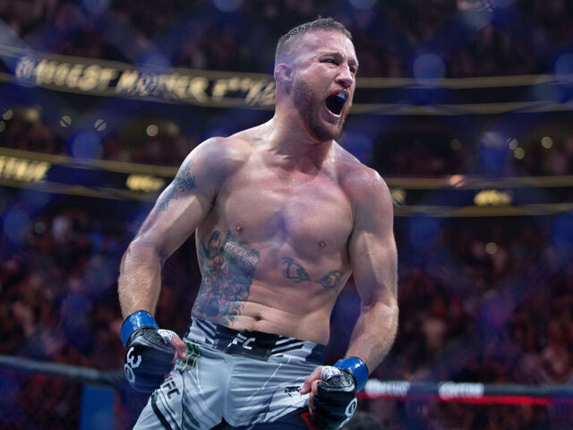 SALT LAKE CITY, UT - JULY 29: Justin Gaethje celebrates beating Dustin Poirier during their BMF Title Lightweight fight at UFC 291 at the Delta Center July 29, 2023 at the in Salt Lake City, Utah.