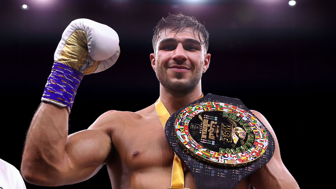 RIYADH, SAUDI ARABIA - FEBRUARY 26: Tommy Fury poses for a photo with their Title Belt after defeating Jake Paul during the Cruiserweight Title fight between Jake Paul and Tommy Fury at the Diriyah Arena on February 26, 2023 in Riyadh, Saudi Arabia.