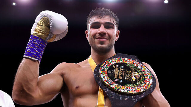 RIYADH, SAUDI ARABIA - FEBRUARY 26: Tommy Fury poses for a photo with their Title Belt after defeating Jake Paul during the Cruiserweight Title fight between Jake Paul and Tommy Fury at the Diriyah Arena on February 26, 2023 in Riyadh, Saudi Arabia.