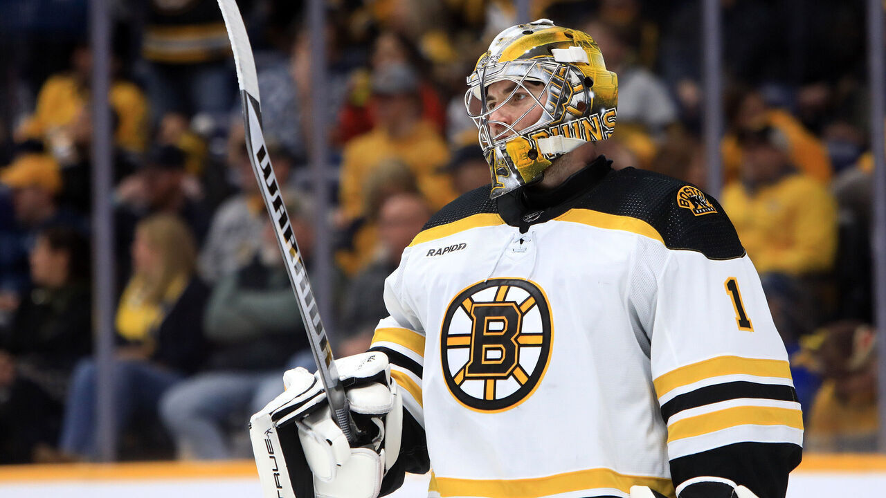 NASHVILLE, TN - FEBRUARY 16: The artwork on the mask of Boston Bruins goalie Jeremy Swayman (1) is shown during the NHL game between the Nashville Predators and Boston Bruins, held on February 16, 2023, at Bridgestone Arena in Nashville, Tennessee.