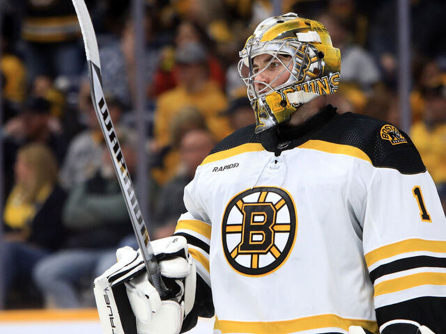 NASHVILLE, TN - FEBRUARY 16: The artwork on the mask of Boston Bruins goalie Jeremy Swayman (1) is shown during the NHL game between the Nashville Predators and Boston Bruins, held on February 16, 2023, at Bridgestone Arena in Nashville, Tennessee.