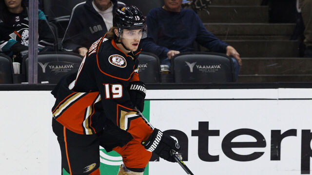 ANAHEIM, CA - APRIL 09: Anaheim Ducks right wing Troy Terry (19) skates with the puck during an NHL hockey game between the Colorado Avalanche and the Anaheim Ducks on April 9, 2023 at Honda Center in Anaheim, CA.
