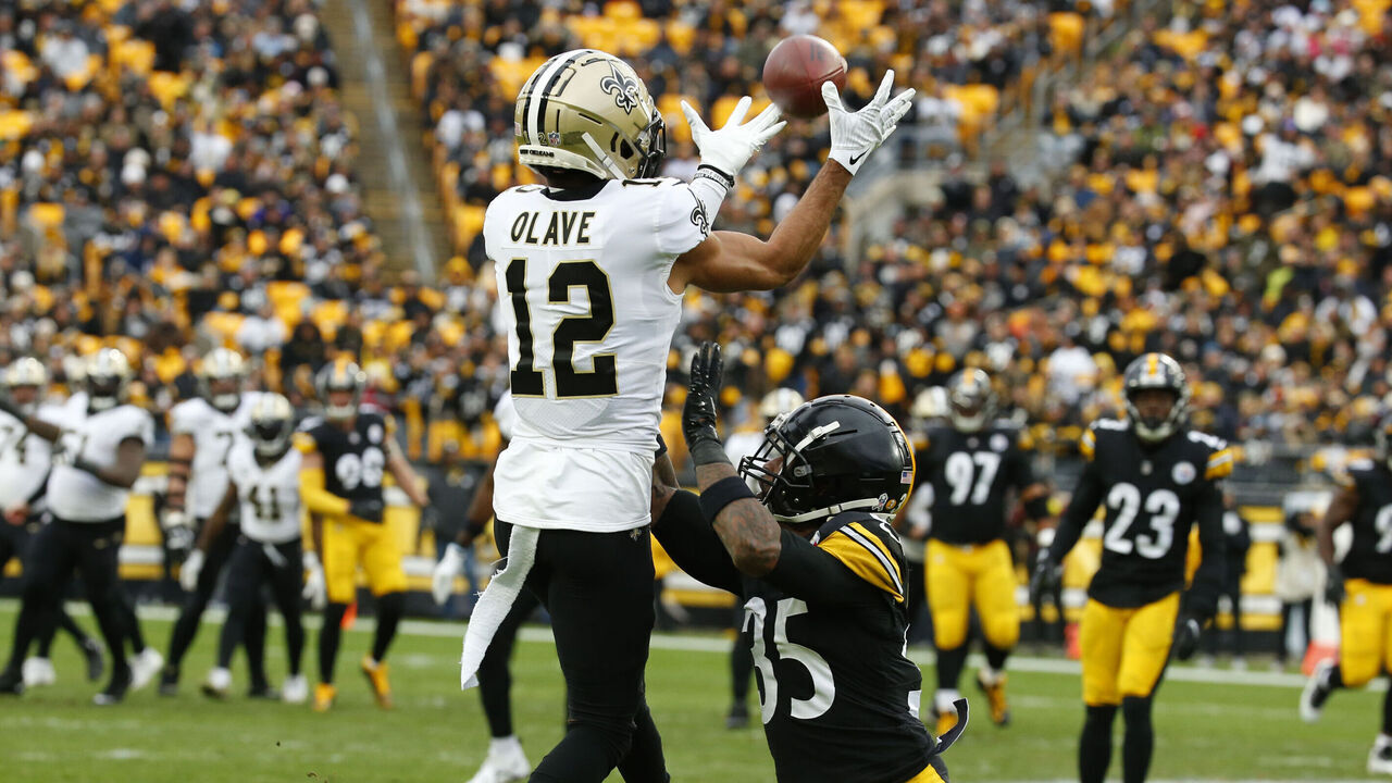 PITTSBURGH, PA - NOVEMEBER 13: Chris Olave #12 of the New Orleans Saints in action against the Pittsburgh Steelers on November 13, 2022 at Acrisure Stadium in Pittsburgh, Pennsylvania.