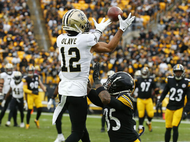 PITTSBURGH, PA - NOVEMEBER 13: Chris Olave #12 of the New Orleans Saints in action against the Pittsburgh Steelers on November 13, 2022 at Acrisure Stadium in Pittsburgh, Pennsylvania.