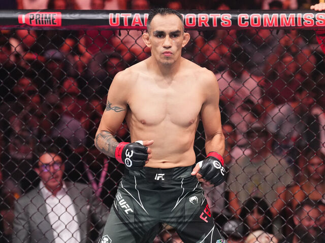 SALT LAKE CITY, UTAH - JULY 29: Tony Ferguson stands in his corner before his lightweight fight against Bobby Green during the UFC 291 event at Delta Center on July 29, 2023 in Salt Lake City, Utah.