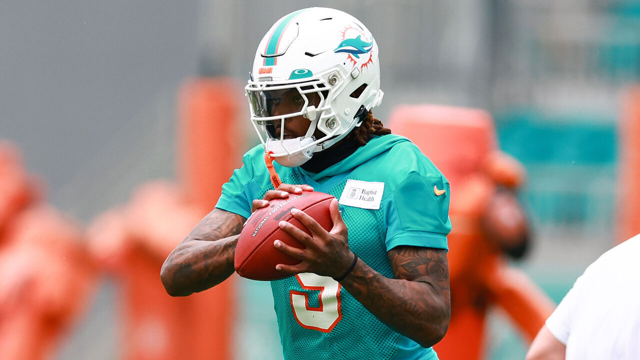 MIAMI GARDENS, FLORIDA - JULY 26: Jalen Ramsey #5 of the Miami Dolphins takes part in a drill during training camp at Baptist Health Training Complex on July 26, 2023 in Miami Gardens, Florida.