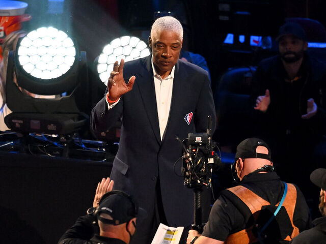 CLEVELAND, OHIO - FEBRUARY 20: Julius Erving reacts after being introduced as part of the NBA 75th Anniversary Team during the 2022 NBA All-Star Game at Rocket Mortgage Fieldhouse on February 20, 2022 in Cleveland, Ohio.