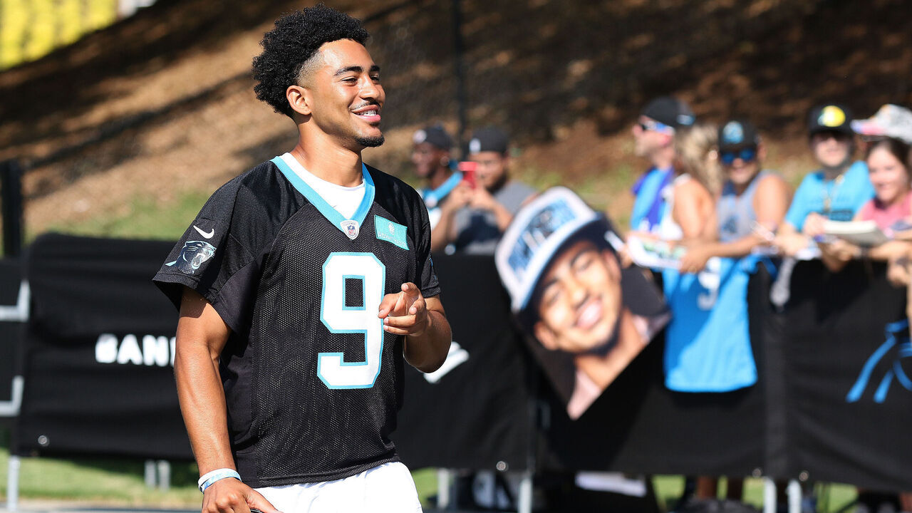 SPARTANBURG, SC - JULY 27: Carolina Panthers quarterback Bryce Young (9) during the NFL Carolina Panthers training camp on July 27, 2023, at Wofford College campus in Spartanburg, S.C.