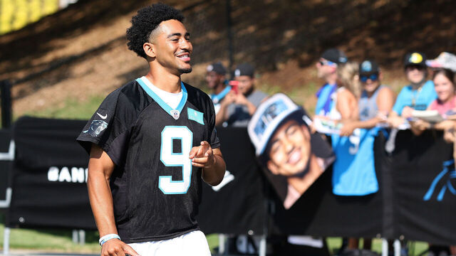 SPARTANBURG, SC - JULY 27: Carolina Panthers quarterback Bryce Young (9) during the NFL Carolina Panthers training camp on July 27, 2023, at Wofford College campus in Spartanburg, S.C.