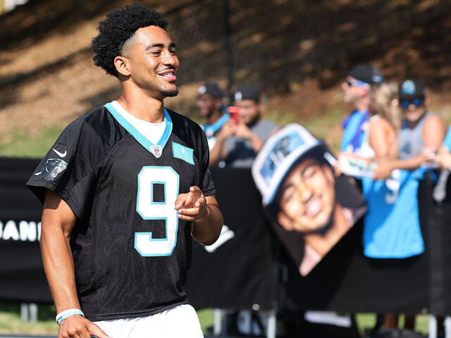 SPARTANBURG, SC - JULY 27: Carolina Panthers quarterback Bryce Young (9) during the NFL Carolina Panthers training camp on July 27, 2023, at Wofford College campus in Spartanburg, S.C.