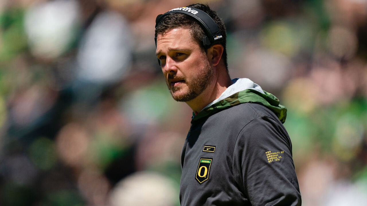 EUGENE, OR - APRIL 29: Head Coach Dan Lanning of the Oregon Ducks looks on during the Oregon Ducks Spring Football Game at Autzen Stadium on April 29, 2023 in Eugene, Oregon.