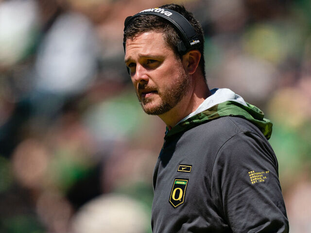 EUGENE, OR - APRIL 29: Head Coach Dan Lanning of the Oregon Ducks looks on during the Oregon Ducks Spring Football Game at Autzen Stadium on April 29, 2023 in Eugene, Oregon.