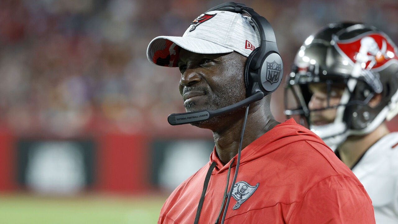 TAMPA, FLORIDA - AUGUST 13: Head coach Todd Bowles of the Tampa Bay Buccaneers looks on during a preseason game against the Miami Dolphins at Raymond James Stadium on August 13, 2022 in Tampa, Florida.