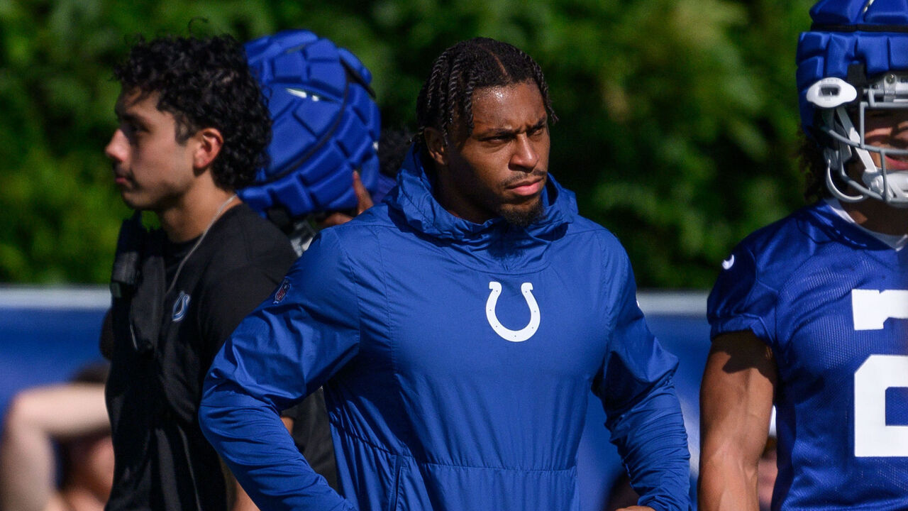 WESTFIELD, IN - JULY 29: Indianapolis Colts running back Jonathan Taylor (28) watches a drill during the Indianapolis Colts Training Camp on July 29, 2023 at the Grand Park Sports Campus in Westfield, IN.