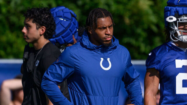 WESTFIELD, IN - JULY 29: Indianapolis Colts running back Jonathan Taylor (28) watches a drill during the Indianapolis Colts Training Camp on July 29, 2023 at the Grand Park Sports Campus in Westfield, IN.